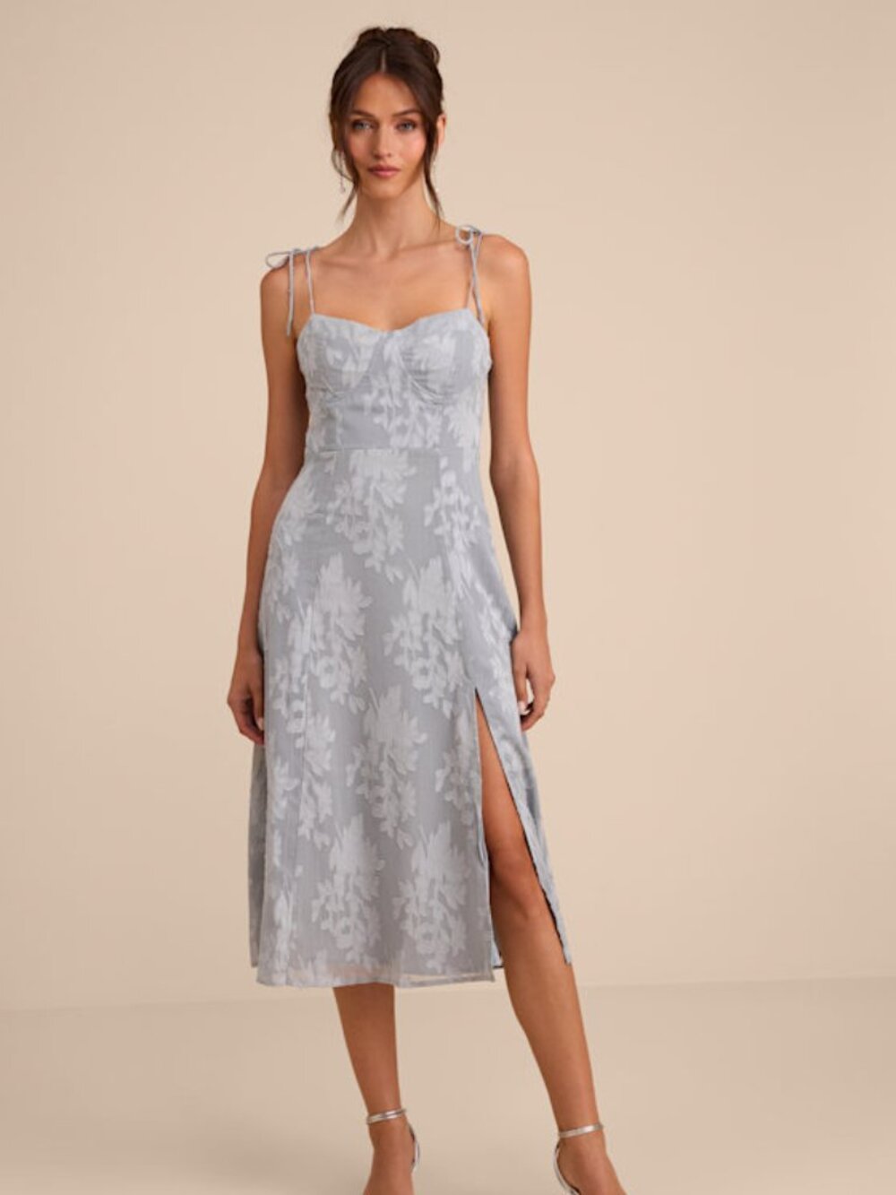 Lulus Loveliest Looks Dusty Blue Floral Jacquard Tie-strap Midi Dress